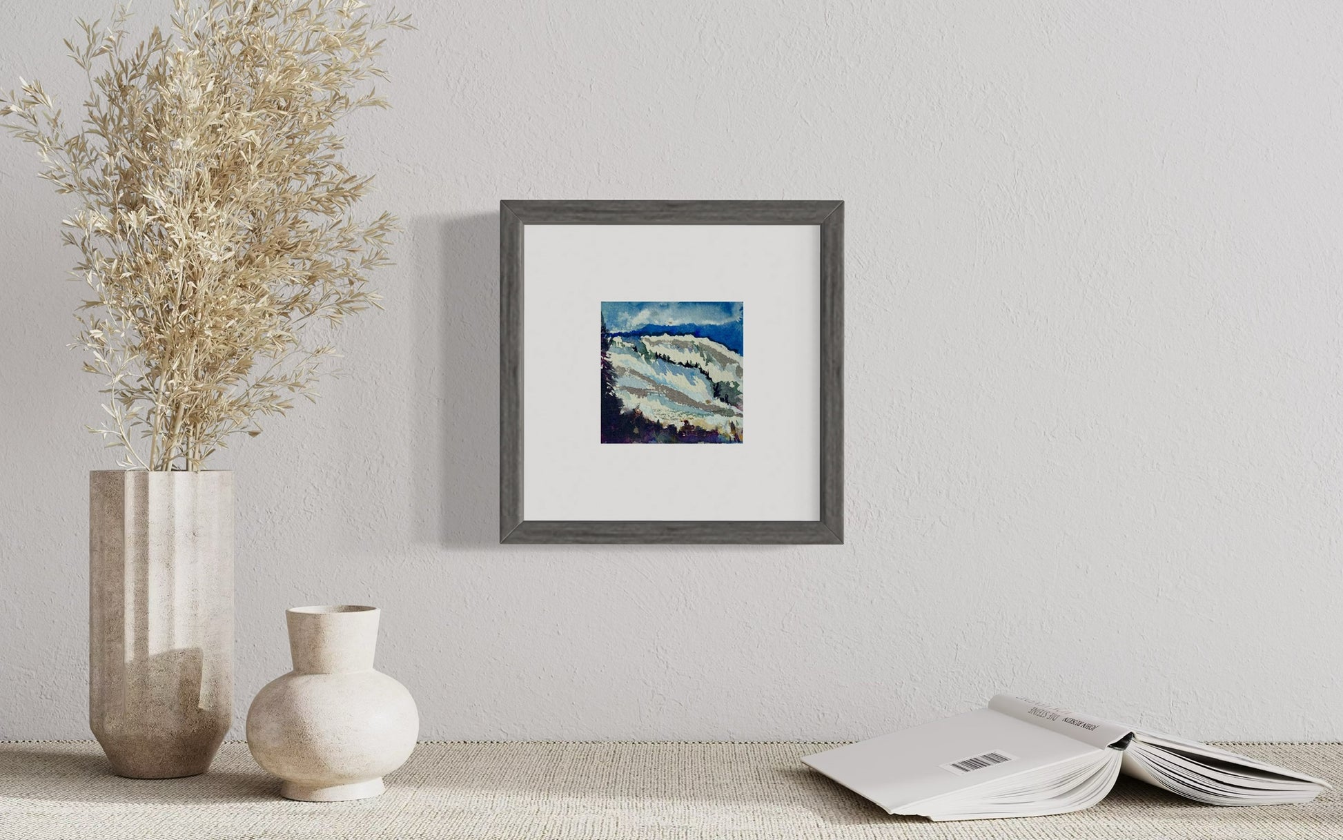 Snowy Watercolor Painting with Grey wood frame